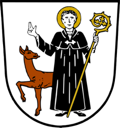 Wappen von Eltersdorf. Es Zeigt den heiligen Egidius, der sich 
               schützend vor eine Hirschkuh stellt.
